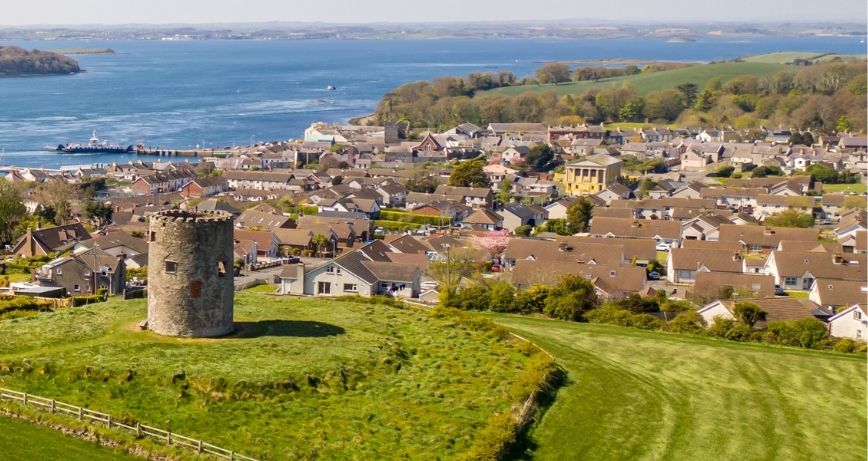 Portaferry's Windmill Hill overlooking the town and the lough